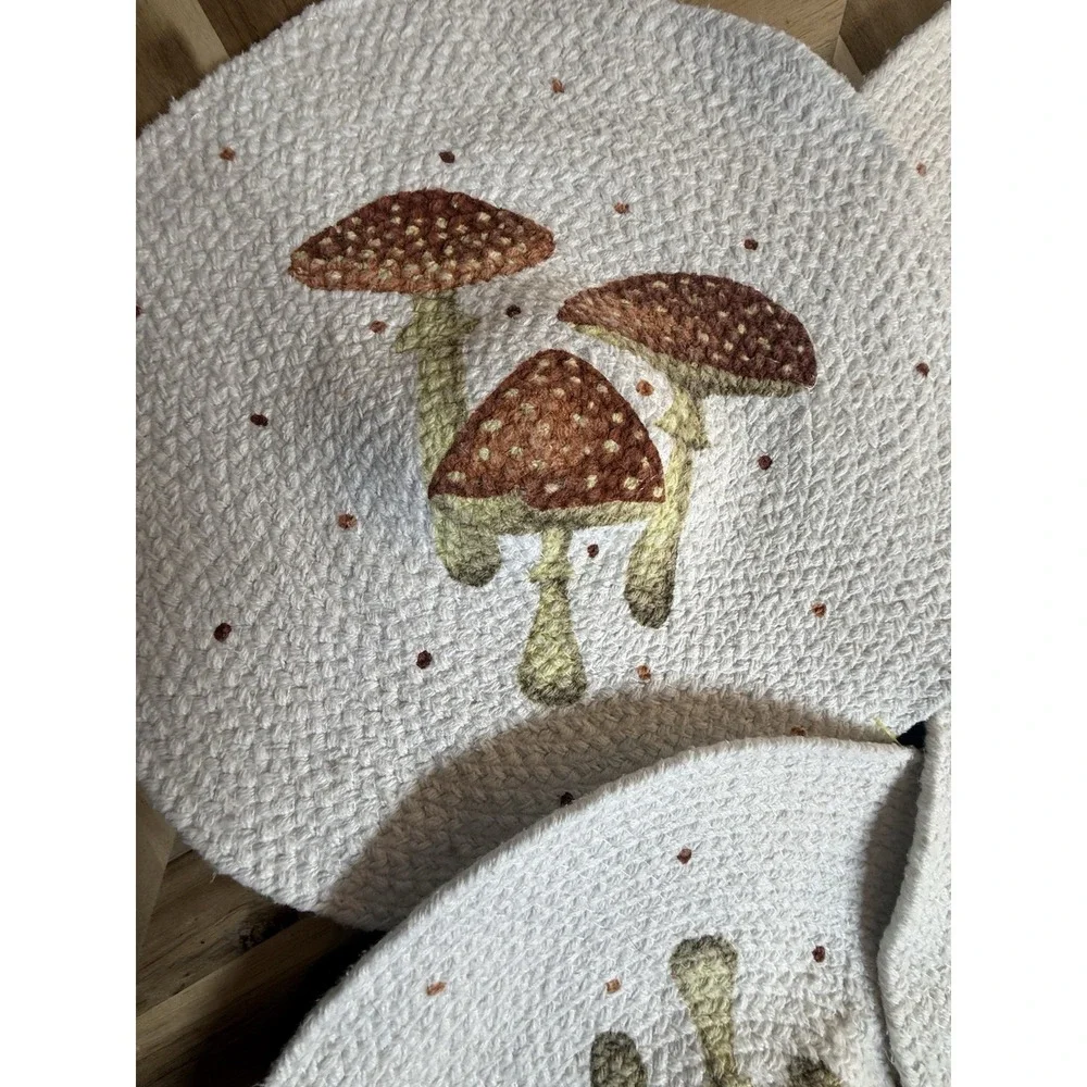 4 Mushroom‎ Round Cotton Weave Placemats Vintage Retro Style Cottagecore Forest